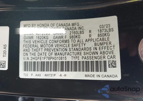 2023 Honda Civic Ex /Ex W/O Bsi z USA, uszkodzony, nr VIN 2HGFE1F78PH310815